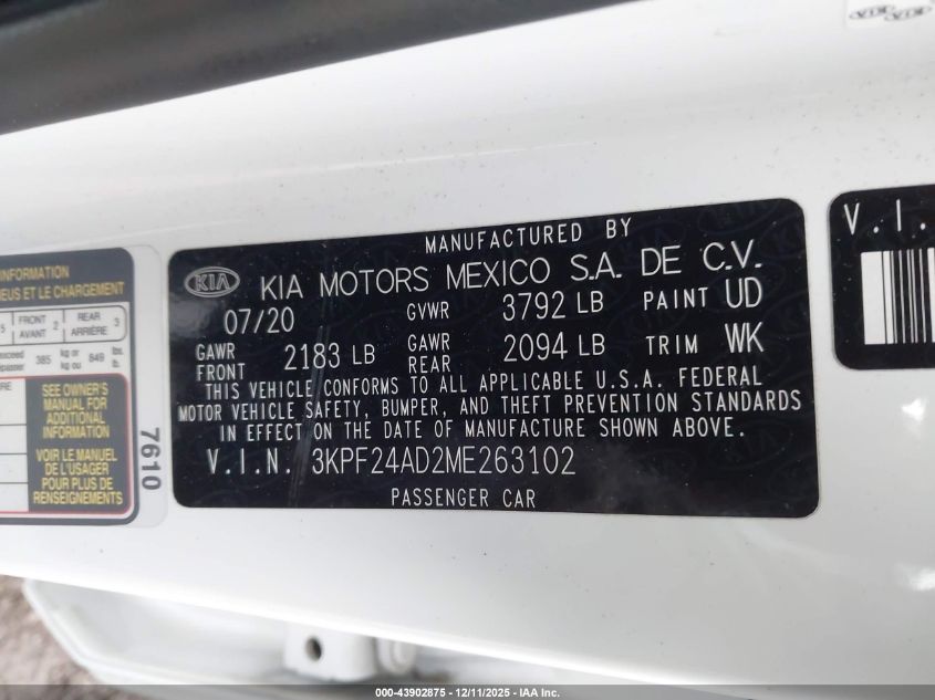 2021 Kia Forte Lxs VIN: 3KPF24AD2ME263102 Lot: 43902875