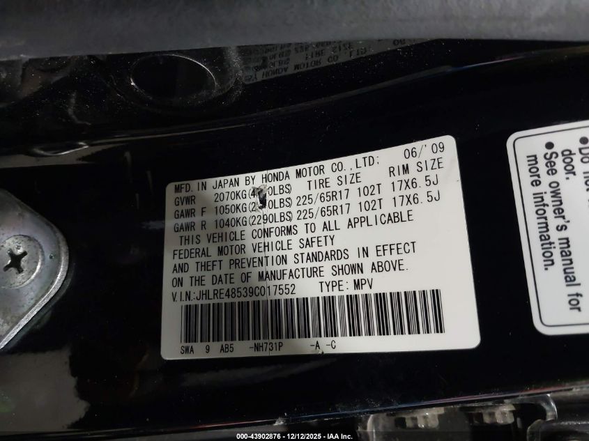 2009 Honda Cr-V Ex VIN: JHLRE48539C017552 Lot: 43902876