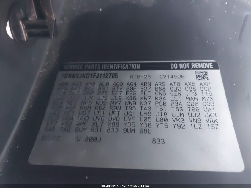 2015 Chevrolet Traverse Ltz VIN: 1GNKVJKD1FJ112705 Lot: 43902877