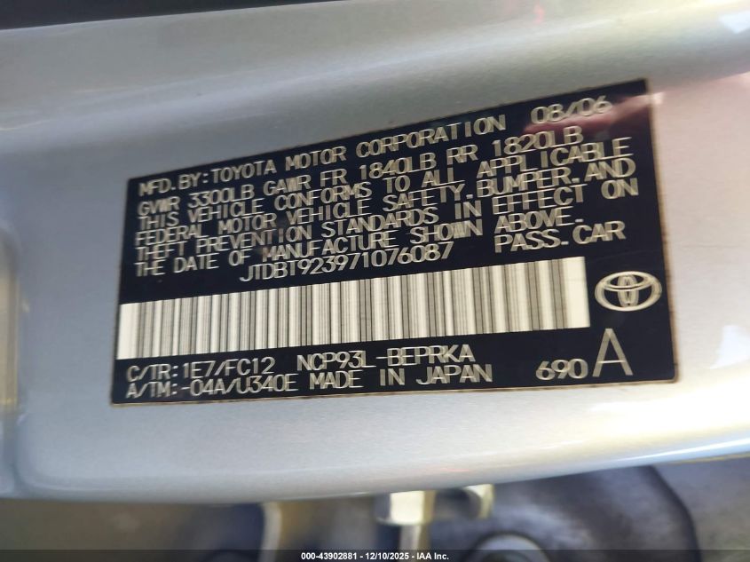 2007 Toyota Yaris S VIN: JTDBT923971076087 Lot: 43902881