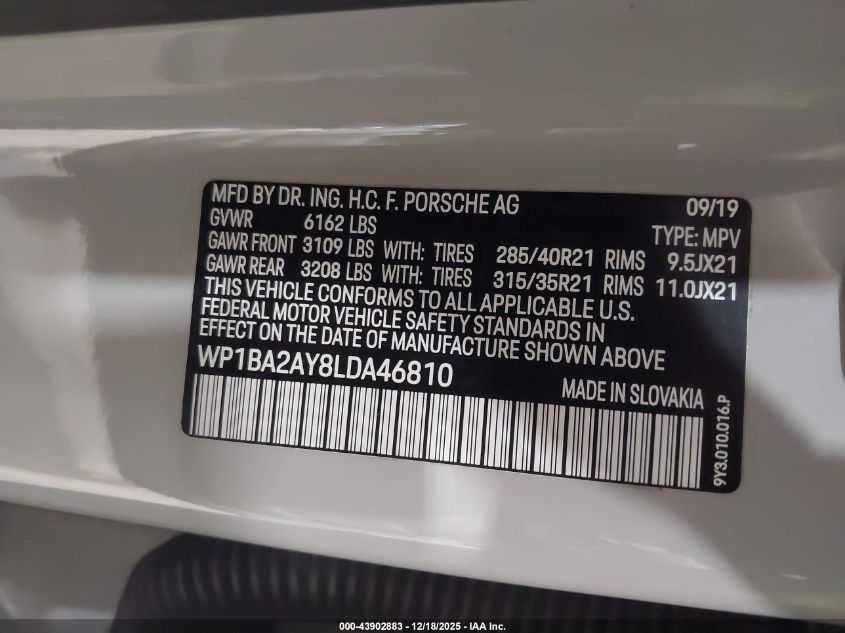 2020 Porsche Cayenne Coupe VIN: WP1BA2AY8LDA46810 Lot: 43902883