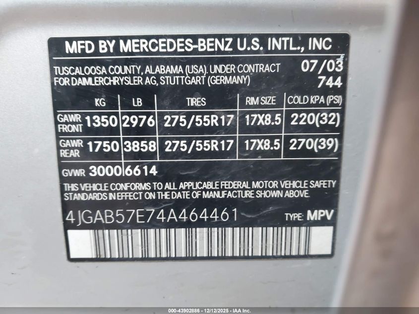 2004 Mercedes-Benz Ml 350 4Matic VIN: 4JGAB57E74A464461 Lot: 43902886