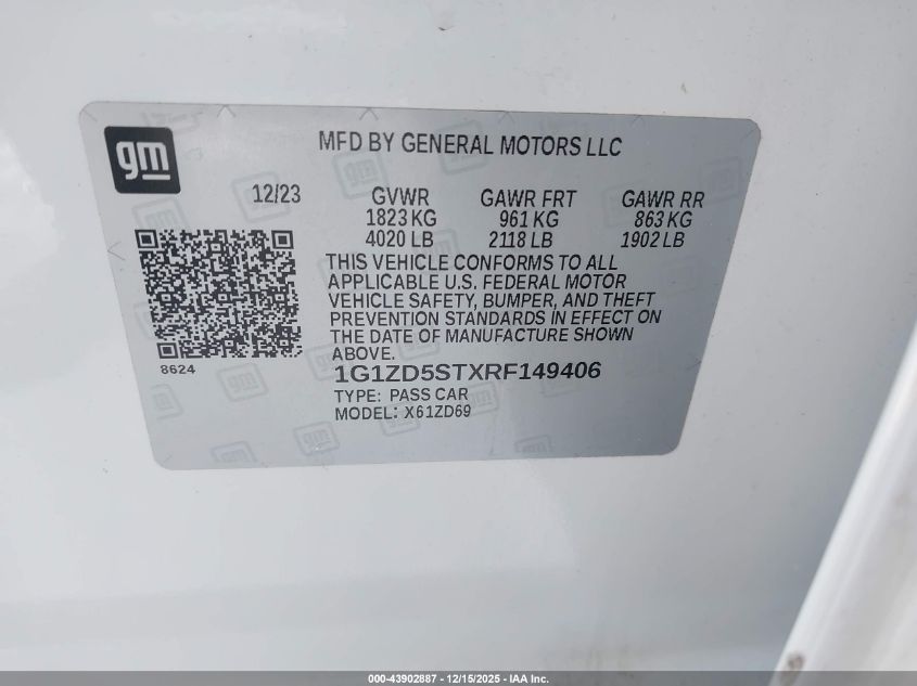 2024 Chevrolet Malibu Fwd 1Lt VIN: 1G1ZD5STXRF149406 Lot: 43902887