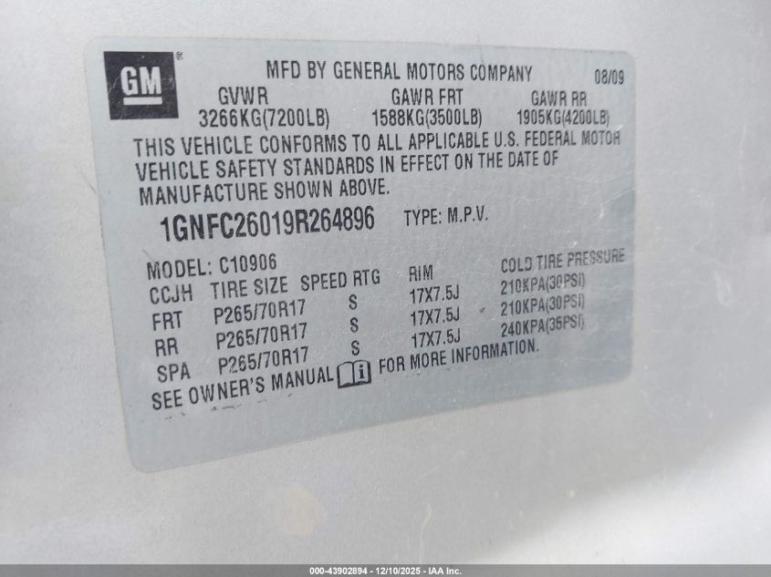 2009 Chevrolet Suburban 1500 Lt2 VIN: 1GNFC26019R264896 Lot: 43902894