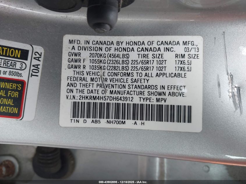2013 Honda Cr-V Ex VIN: 2HKRM4H57DH643912 Lot: 43902895