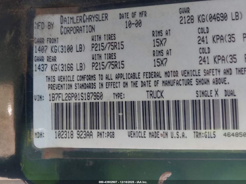 2001 Dodge Dakota Sport VIN: 1B7FL26P01S187960 Lot: 43902907