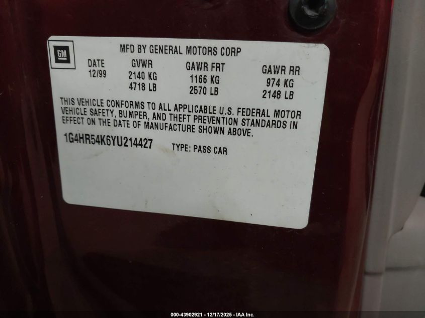 2000 Buick Lesabre Limited VIN: 1G4HR54K6YU214427 Lot: 43902921