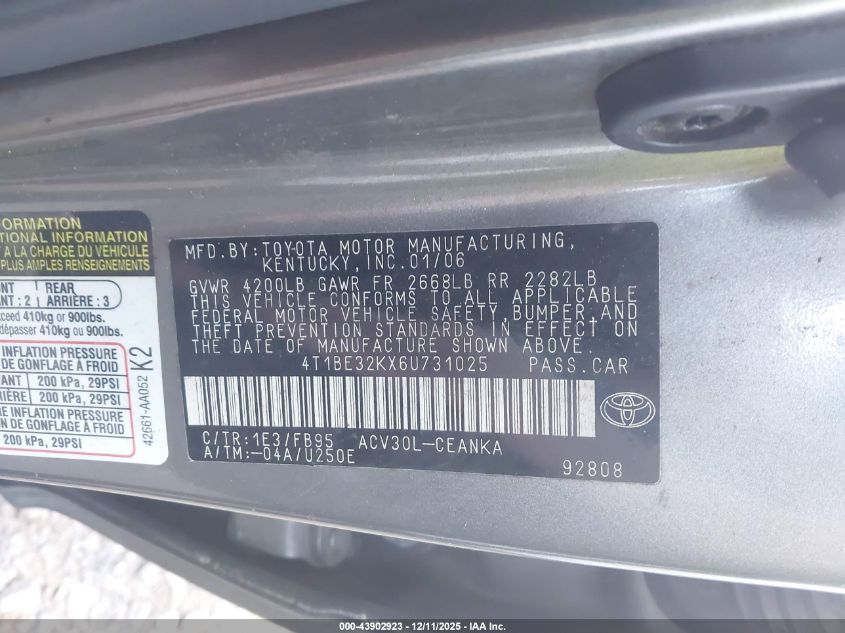 2006 Toyota Camry Le VIN: 4T1BE32KX6U731025 Lot: 43902923