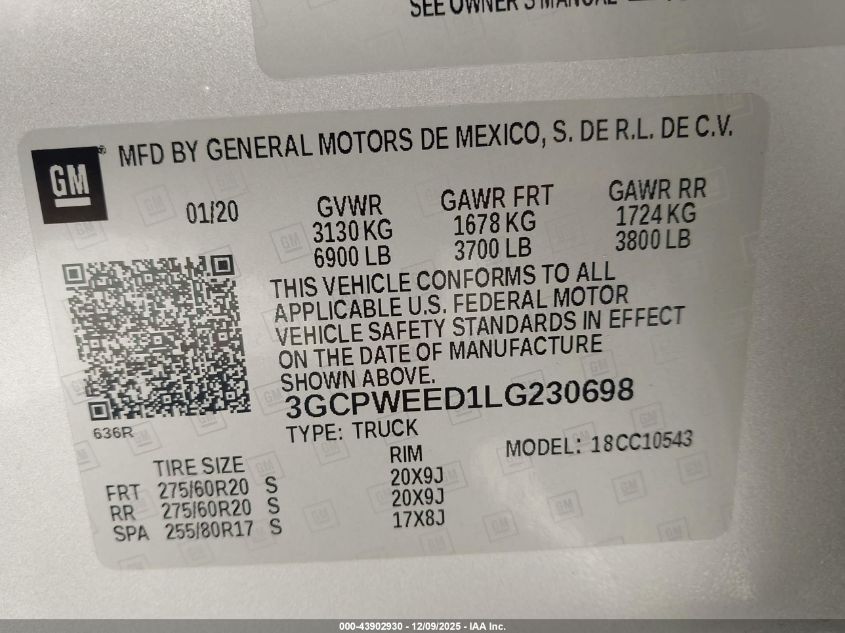 2020 Chevrolet Silverado 1500 VIN: 3GCPWEED1LG230698 Lot: 43902930
