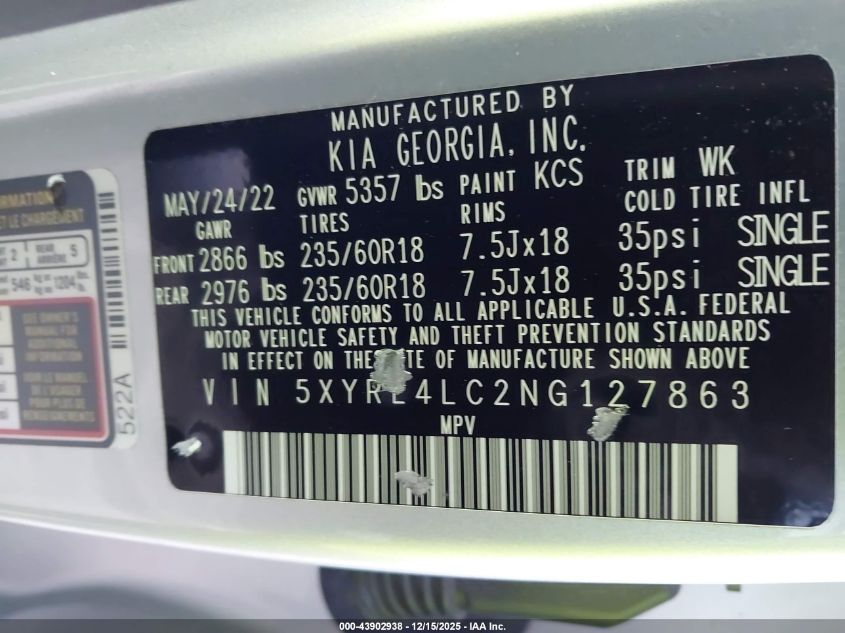 2022 Kia Sorento S VIN: 5XYRL4LC2NG127863 Lot: 43902938
