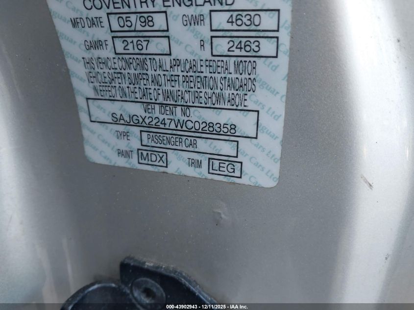 1998 Jaguar Xk8 VIN: SAJGX2247WC028358 Lot: 43902943