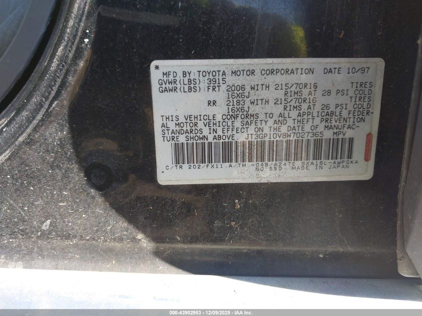 1998 Toyota Rav4 VIN: JT3GP10V8W7027365 Lot: 43902953