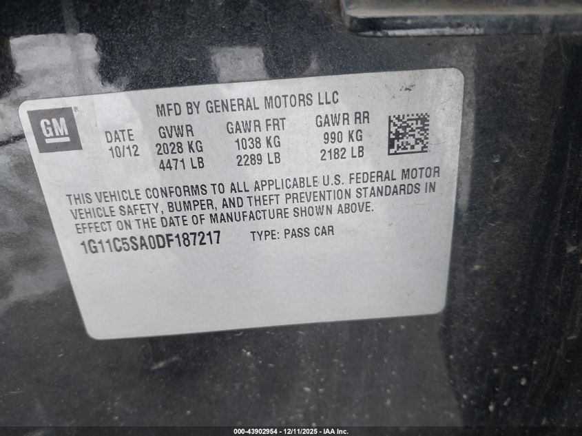 2013 Chevrolet Malibu 1Lt VIN: 1G11C5SA0DF187217 Lot: 43902954