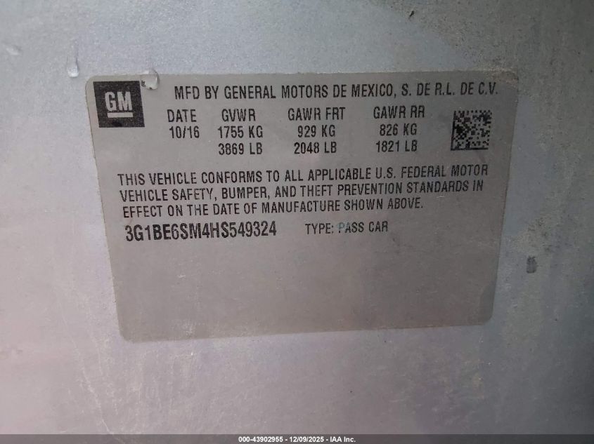 2017 Chevrolet Cruze Lt Auto VIN: 3G1BE6SM4HS549324 Lot: 43902955