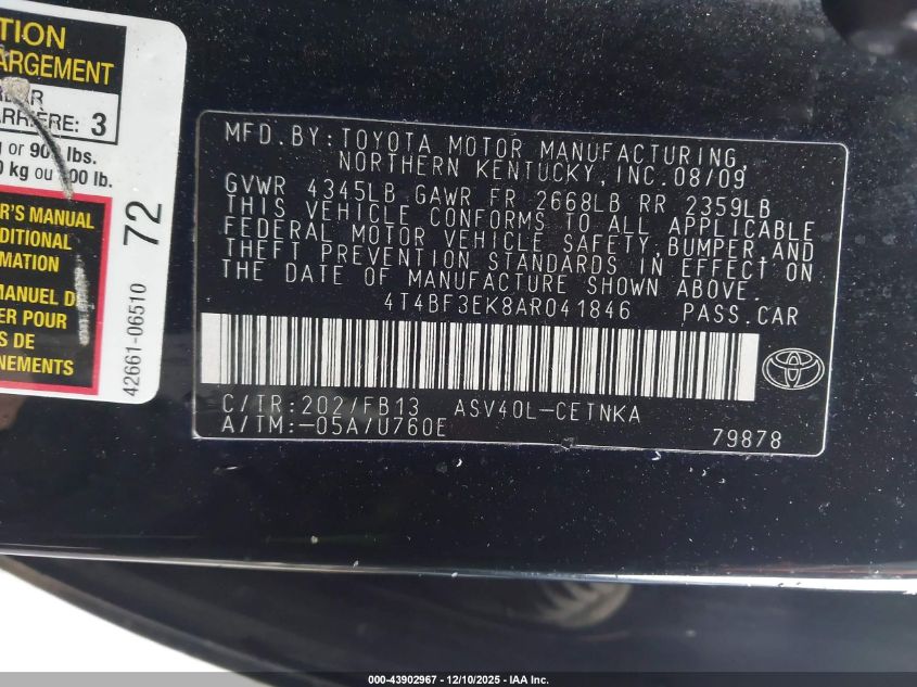 2010 Toyota Camry Le VIN: 4T4BF3EK8AR041846 Lot: 43902967