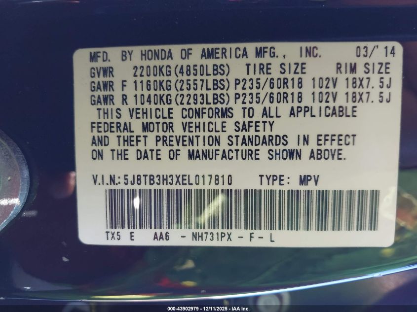 2014 Acura Rdx VIN: 5J8TB3H3XEL017810 Lot: 43902979