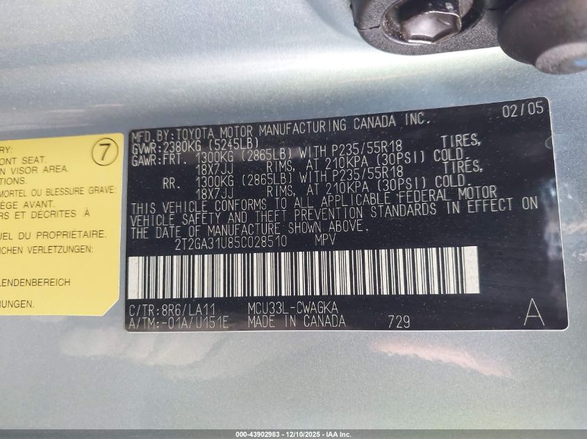 2005 Lexus Rx 330 VIN: 2T2GA31U85C028510 Lot: 43902983