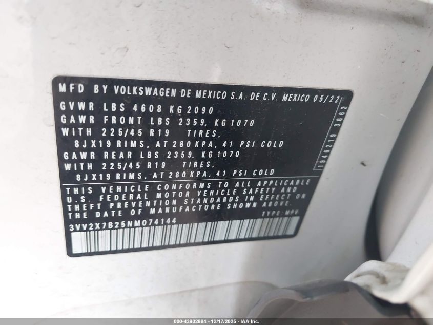 2022 Volkswagen Taos 1.5T Sel VIN: 3VV2X7B25NM074144 Lot: 43902984