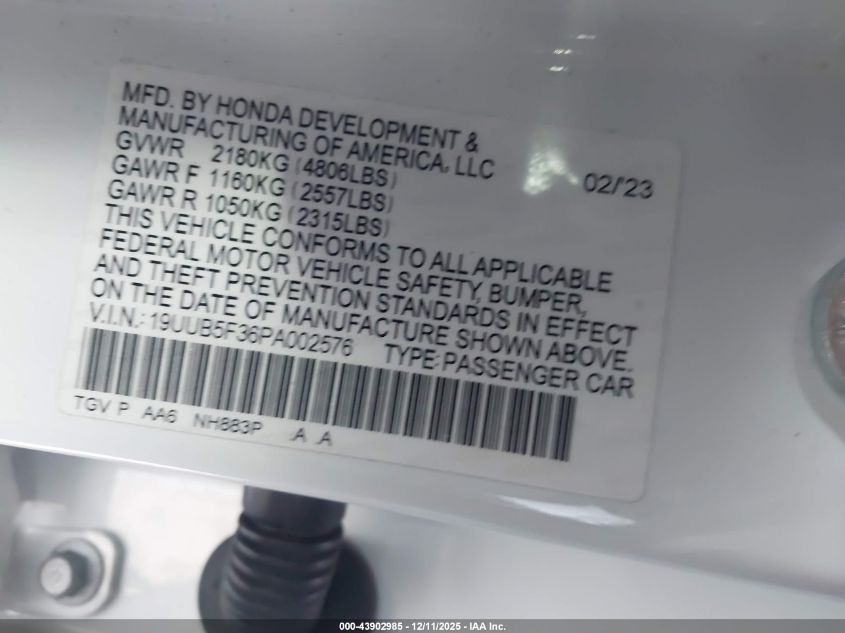 2023 Acura Tlx Standard VIN: 19UUB5F36PA002576 Lot: 43902985