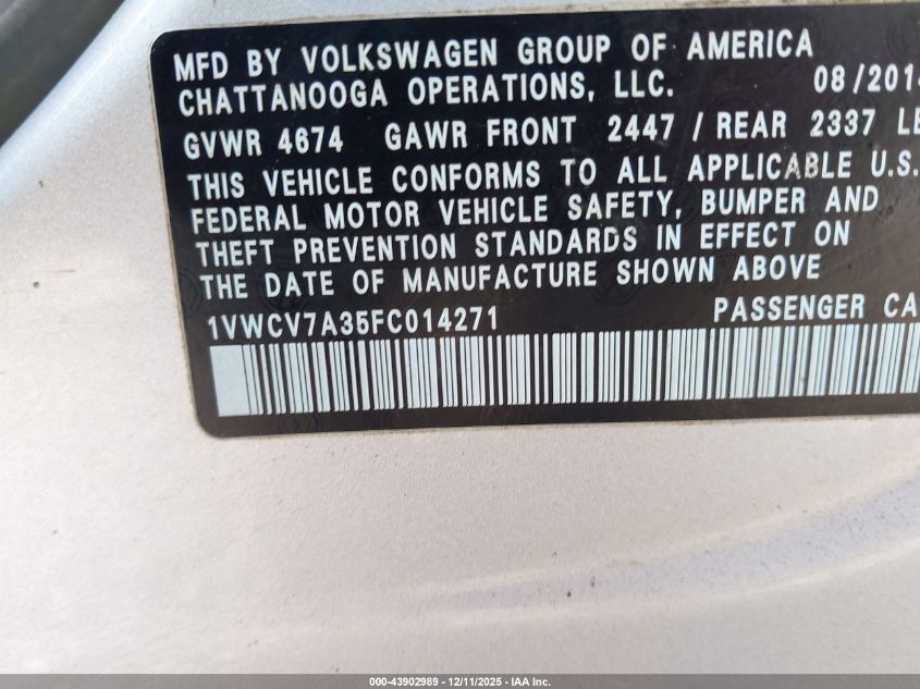 2015 Volkswagen Passat 2.0L Tdi Sel Premium VIN: 1VWCV7A35FC014271 Lot: 43902989
