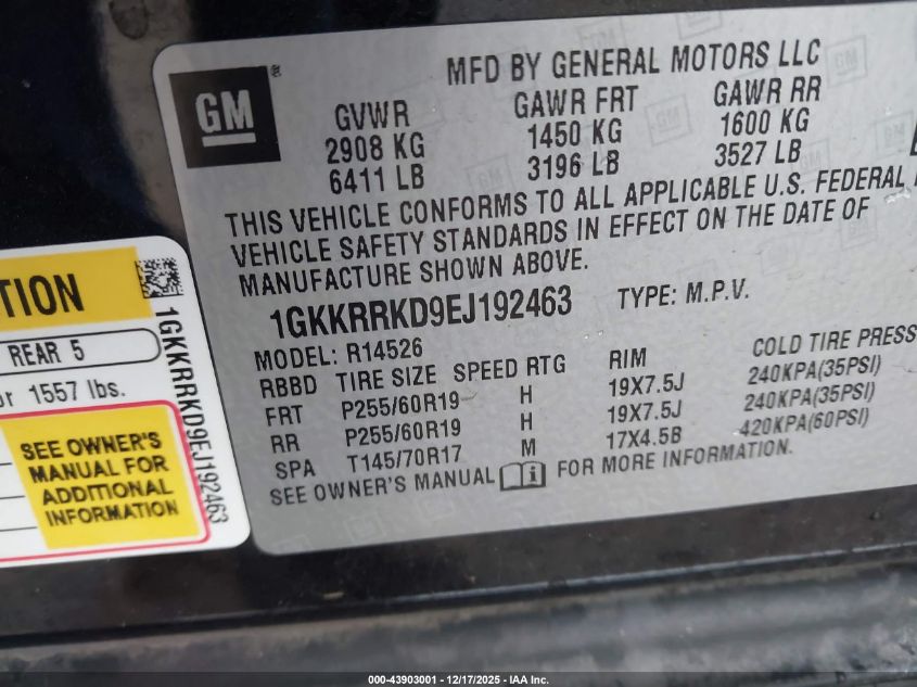 2014 GMC Acadia Slt-1 VIN: 1GKKRRKD9EJ192463 Lot: 43903001