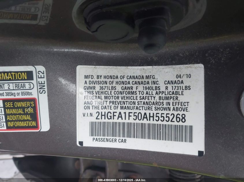 2010 Honda Civic Lx VIN: 2HGFA1F50AH555268 Lot: 43903003
