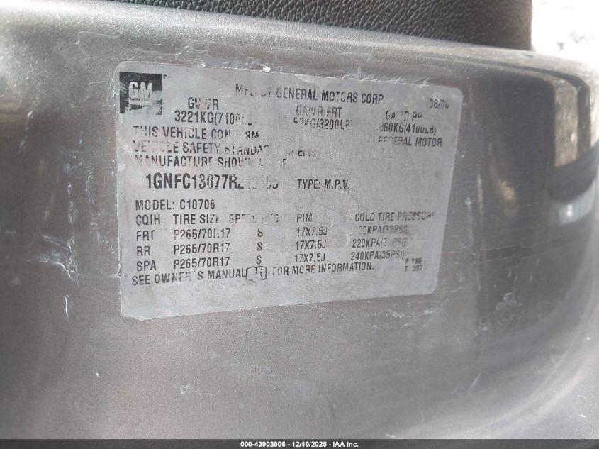 2007 Chevrolet Tahoe Ls VIN: 1GNFC13077R240565 Lot: 43903006
