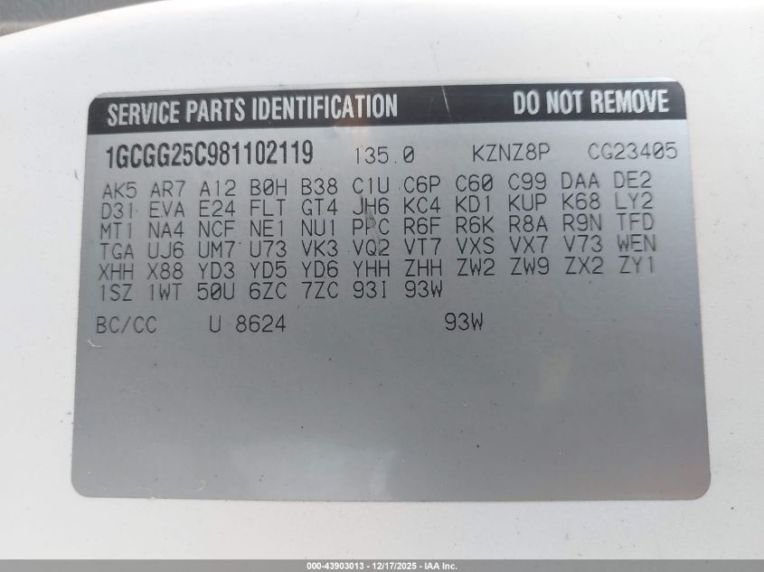 2008 Chevrolet Express Work Van VIN: 1GCGG25C981102119 Lot: 43903013