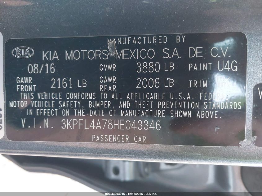 2017 Kia Forte S VIN: 3KPFL4A78HE043346 Lot: 43903015