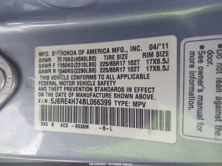 2011 Honda Cr-V Ex-L VIN: 5J6RE4H74BL066399 Lot: 43903032