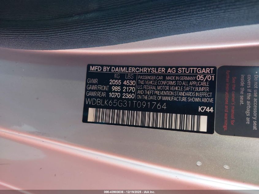 2001 Mercedes-Benz Clk 320 VIN: WDBLK65G31T091764 Lot: 43903036