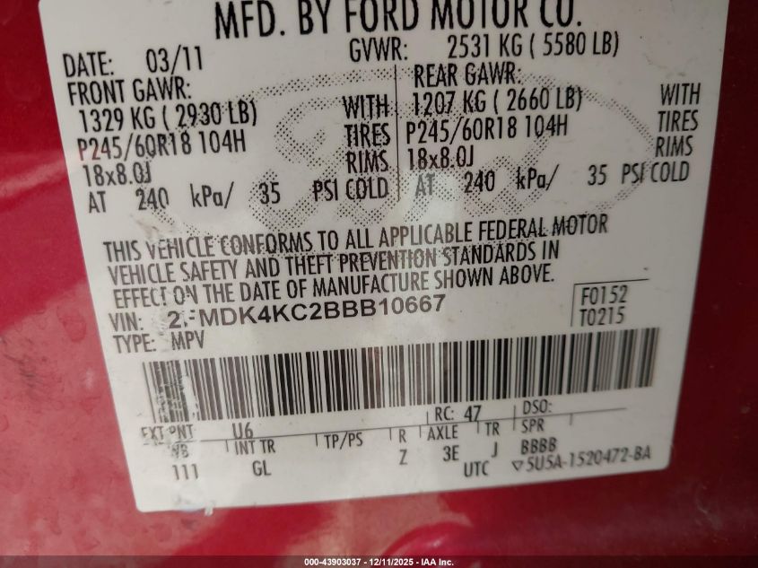 2011 Ford Edge Limited VIN: 2FMDK4KC2BBB10667 Lot: 43903037