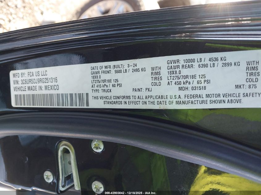 2024 Ram 2500 Big Horn 4X4 6'4 Box VIN: 3C6UR5DJ9RG251316 Lot: 43903042