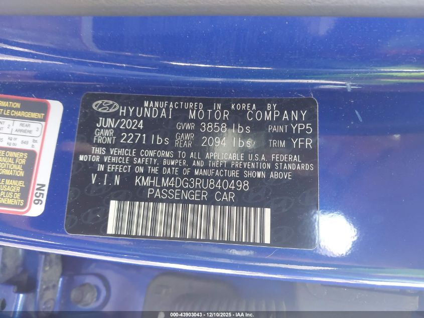 2024 Hyundai Elantra Sel VIN: KMHLM4DG3RU840498 Lot: 43903043