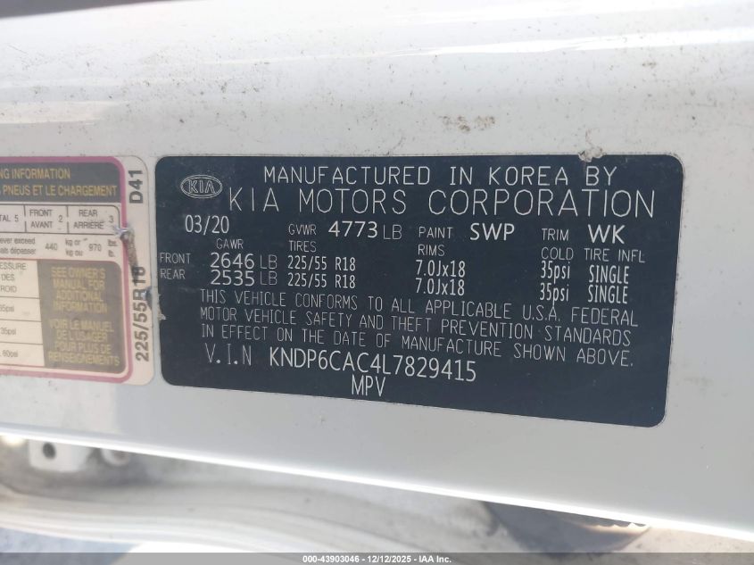 2020 Kia Sportage S VIN: KNDP6CAC4L7829415 Lot: 43903046
