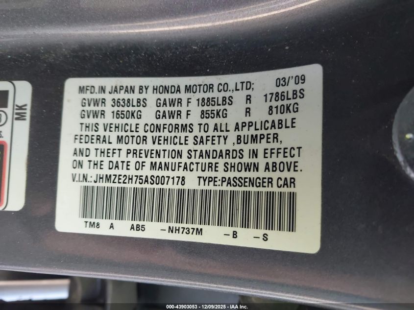 2010 Honda Insight Ex VIN: JHMZE2H75AS007178 Lot: 43903053