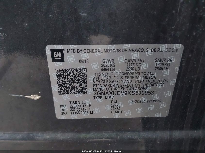 2019 Chevrolet Equinox Lt VIN: 3GNAXKEV9KS500953 Lot: 43903059