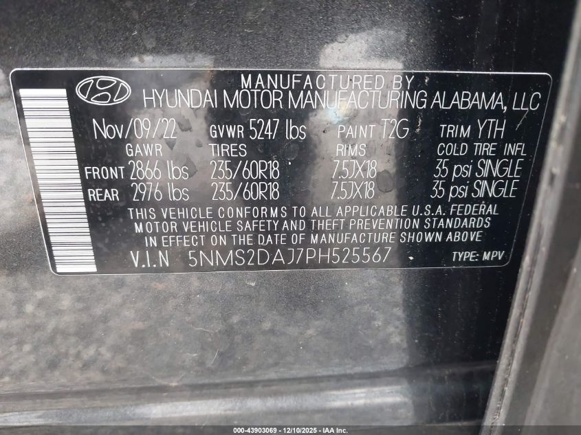 2023 Hyundai Santa Fe Sel VIN: 5NMS2DAJ7PH525567 Lot: 43903069