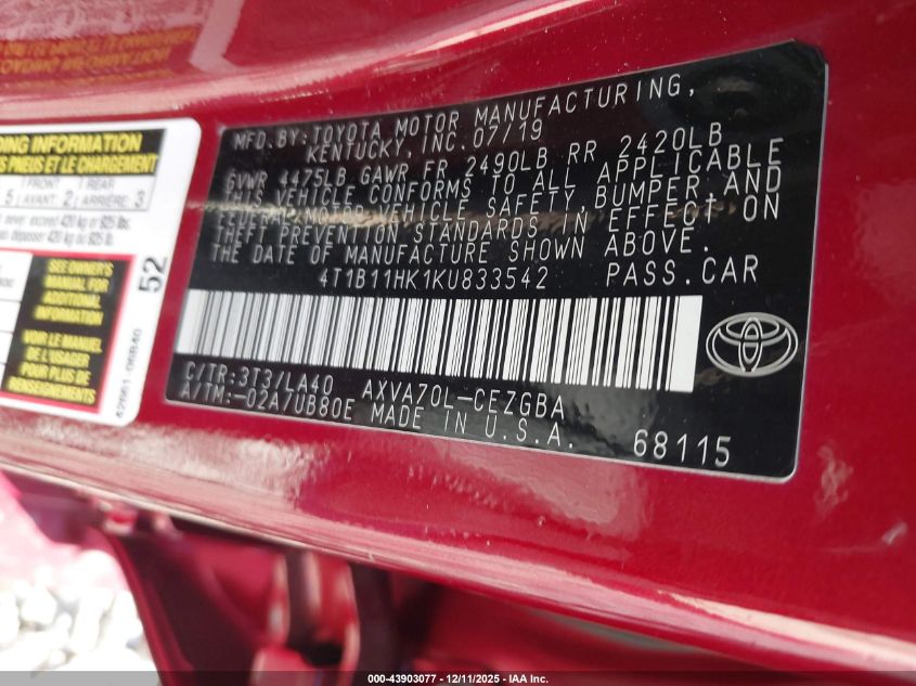 2019 Toyota Camry Xle VIN: 4T1B11HK1KU833542 Lot: 43903077
