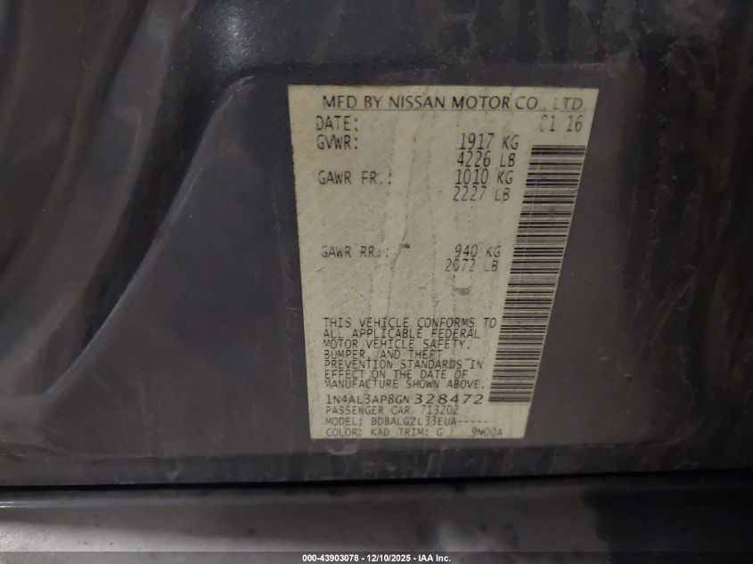 2016 Nissan Altima 2.5/2.5 S/2.5 Sl/2.5 Sr/2.5 Sv VIN: 1N4AL3AP8GN328472 Lot: 43903078