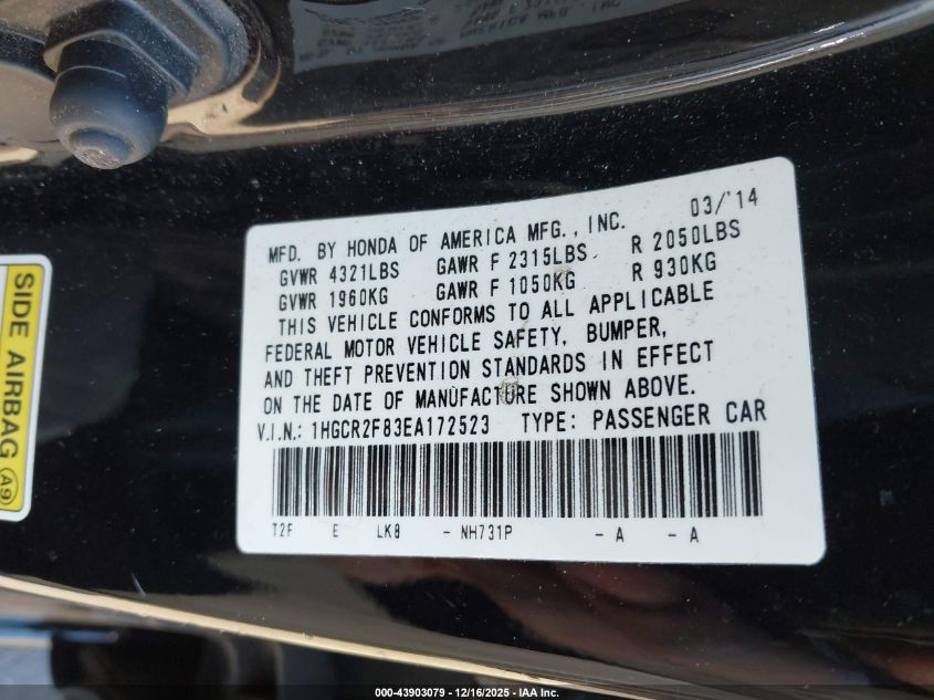 2014 Honda Accord Ex-L VIN: 1HGCR2F83EA172523 Lot: 43903079