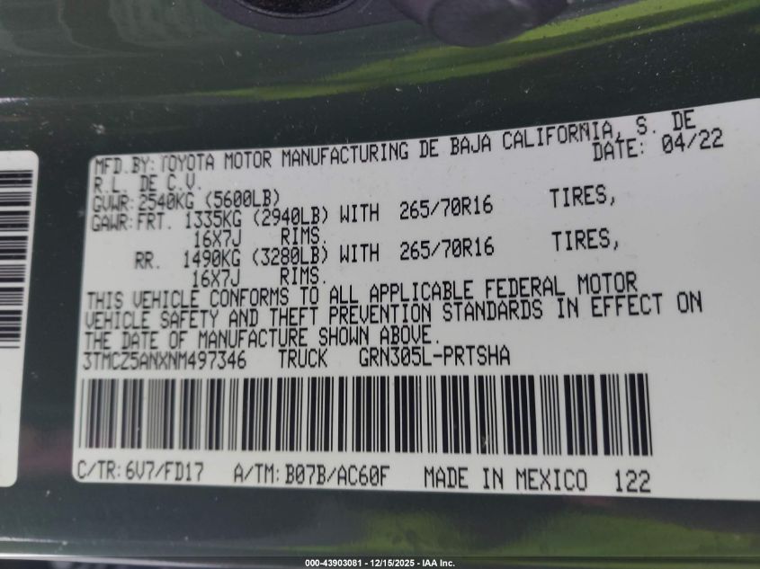 2022 Toyota Tacoma Trd Off Road VIN: 3TMCZ5ANXNM497346 Lot: 43903081