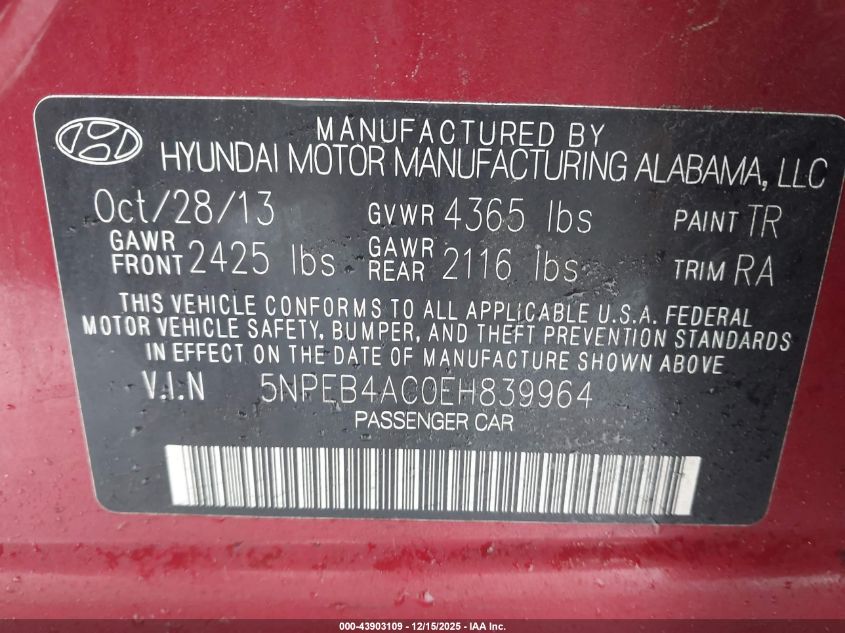 2014 Hyundai Sonata Gls VIN: 5NPEB4AC0EH839964 Lot: 43903109