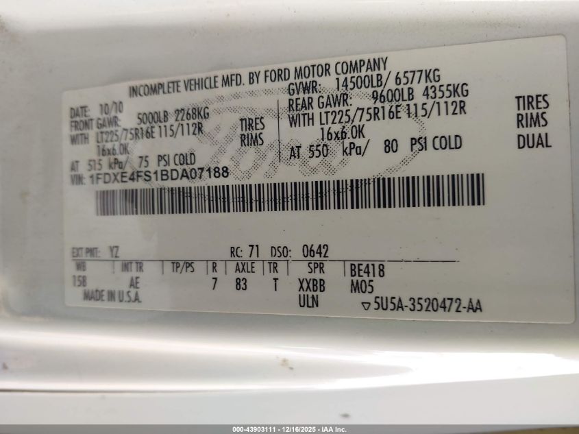 2011 Ford E-450 Cutaway VIN: 1FDXE4FS1BDA07188 Lot: 43903111