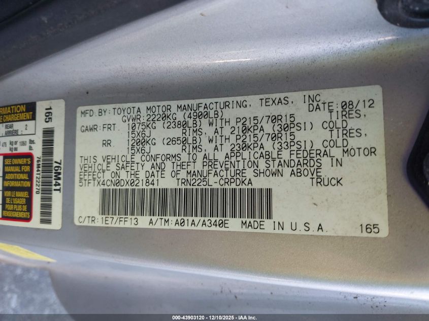 2013 Toyota Tacoma VIN: 5TFTX4CN0DX021841 Lot: 43903120