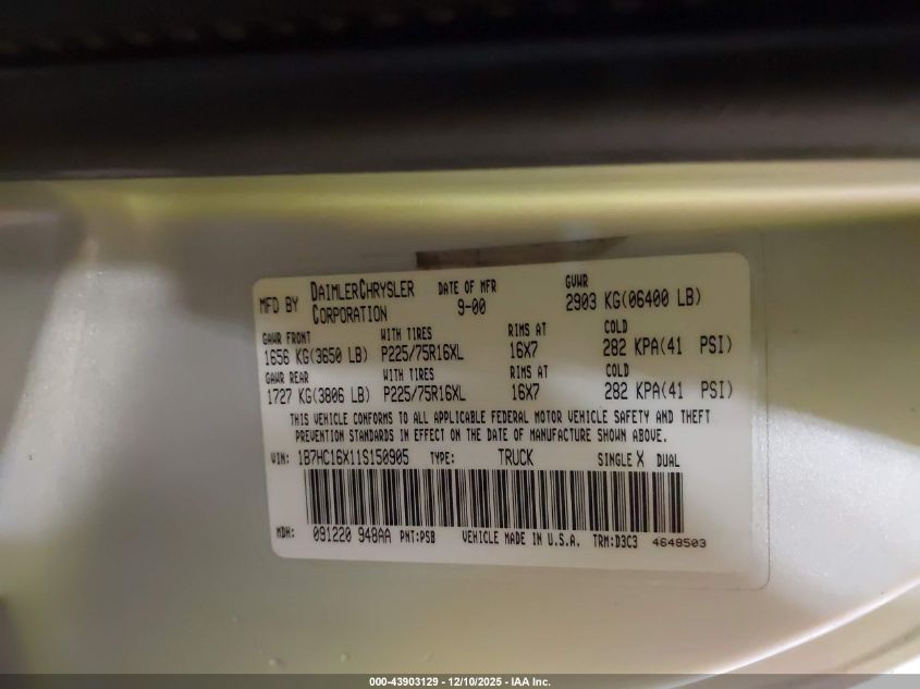 2001 Dodge Ram 1500 St/Ws VIN: 1B7HC16X11S150905 Lot: 43903129