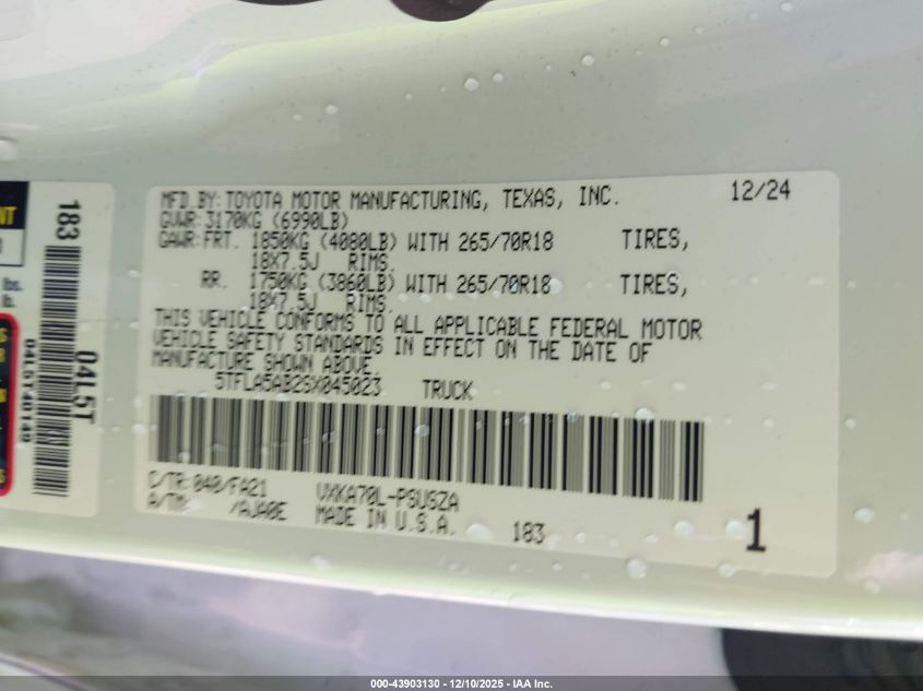 2025 Toyota Tundra Sr5 VIN: 5TFLA5AB2SX045023 Lot: 43903130