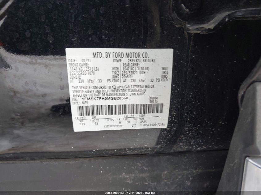 2021 Ford Explorer Limited VIN: 1FMSK7FH9MGB20560 Lot: 43903143