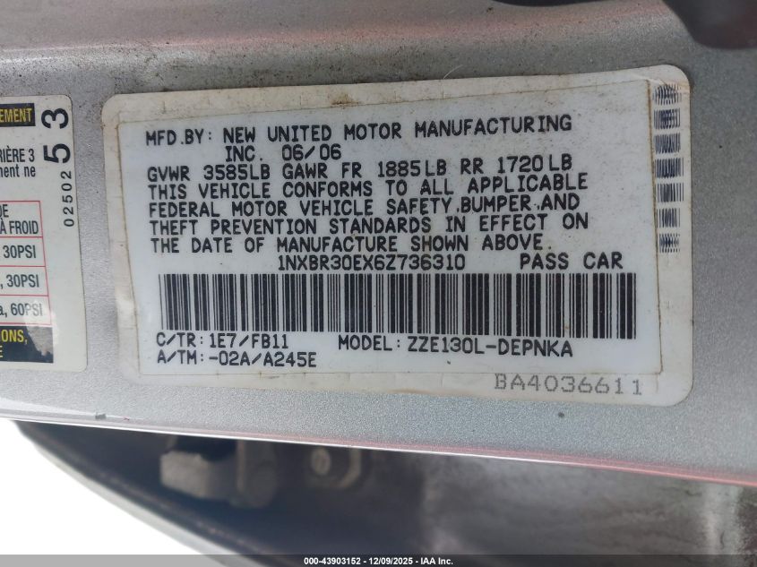 2006 Toyota Corolla Le VIN: 1NXBR30EX6Z736310 Lot: 43903152