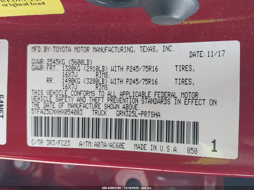 2017 Toyota Tacoma Sr5 V6 VIN: 5TFAZ5CNXHX054083 Lot: 43903160